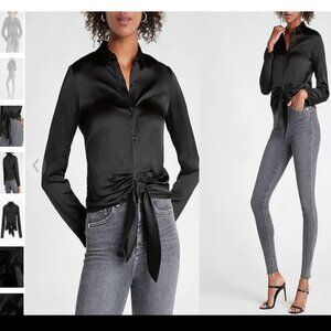 Express Black Satin Tie Front Portofino Shirt Size Small